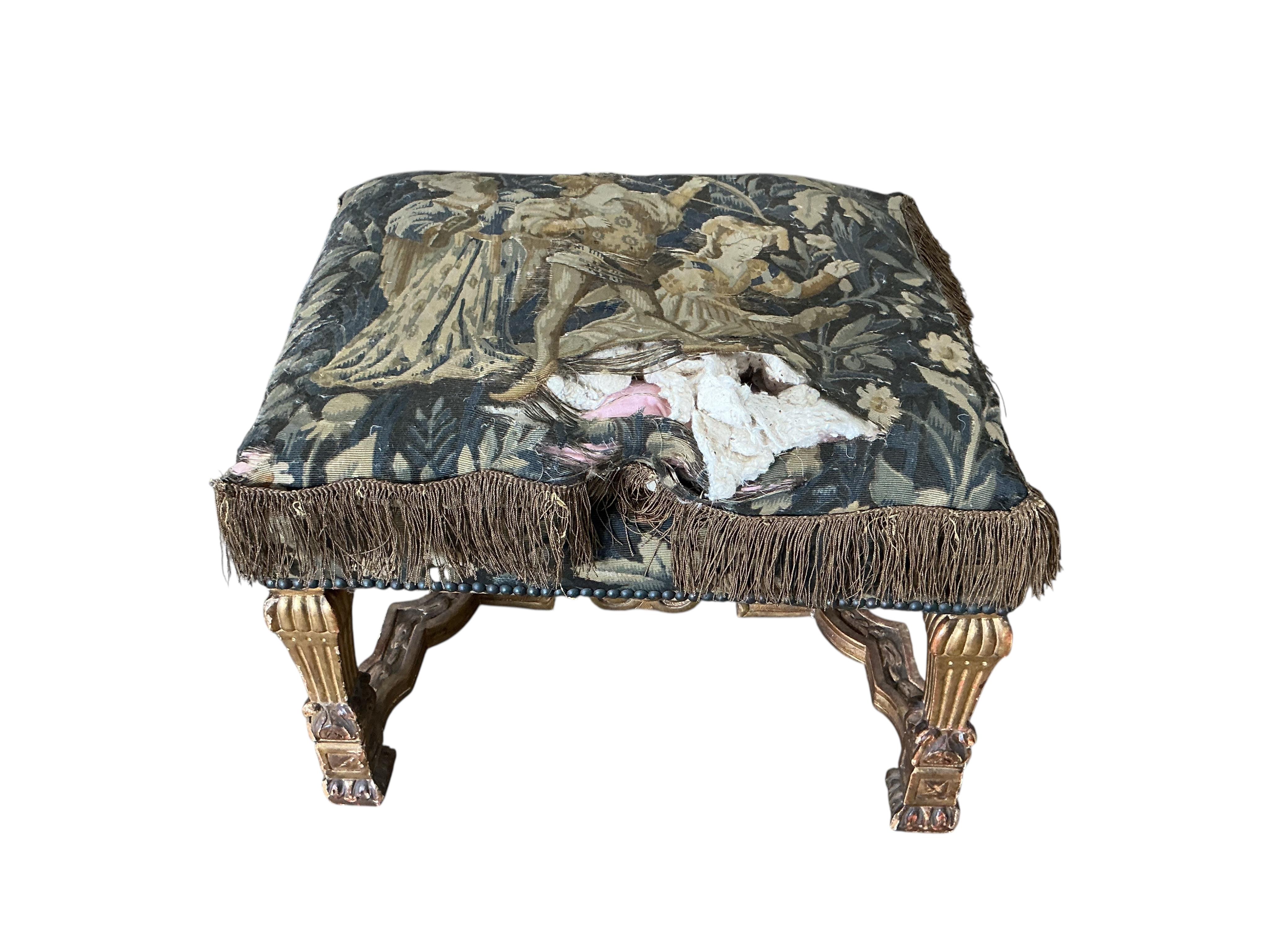 A Louis XIV style giltwood stool, width 56cm, depth 46cm, height 46cm